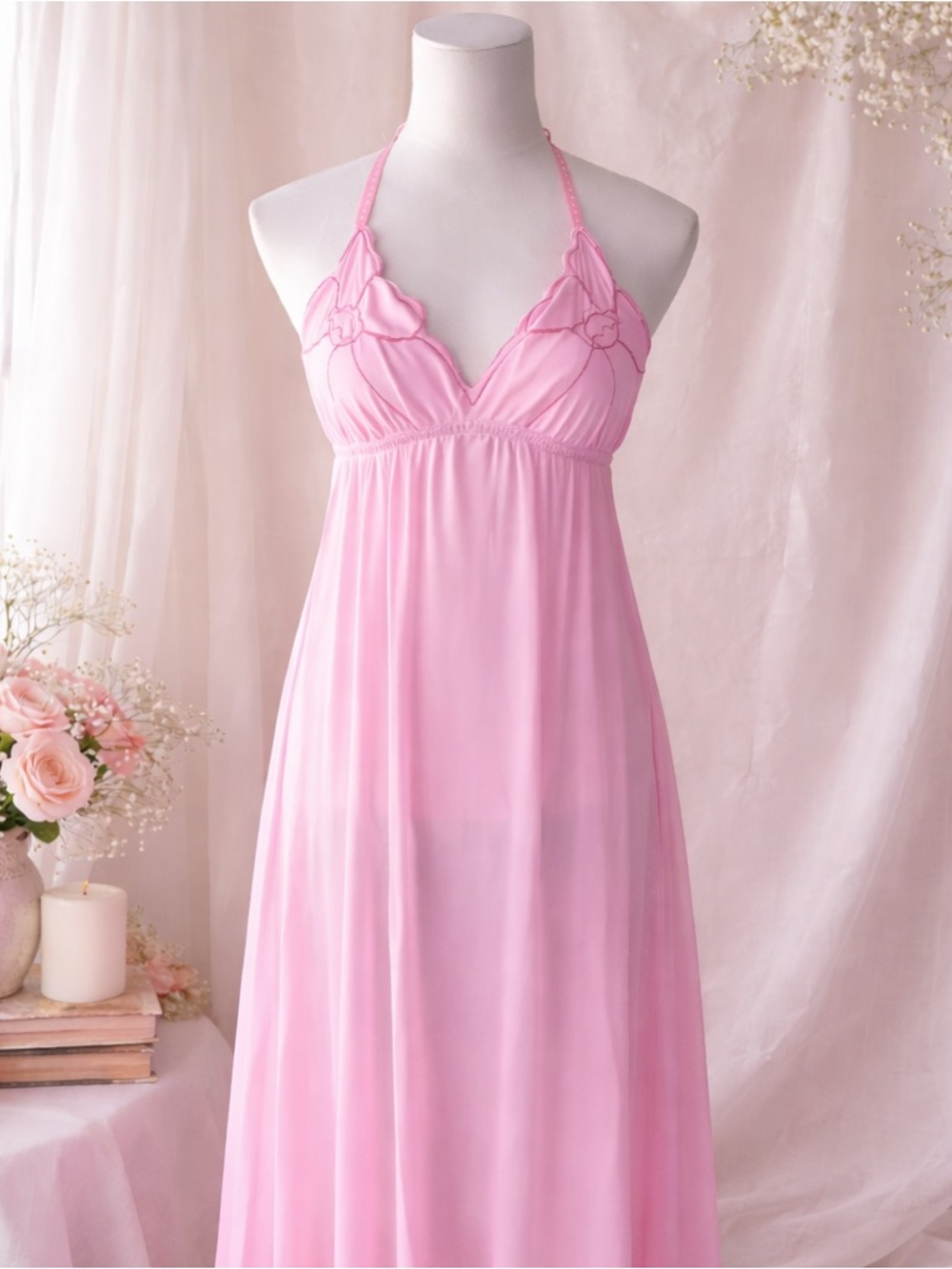 Vintage 70s 80s Pink Nylon Maxi Slip Dress ILGWU Union Made USA Coquette